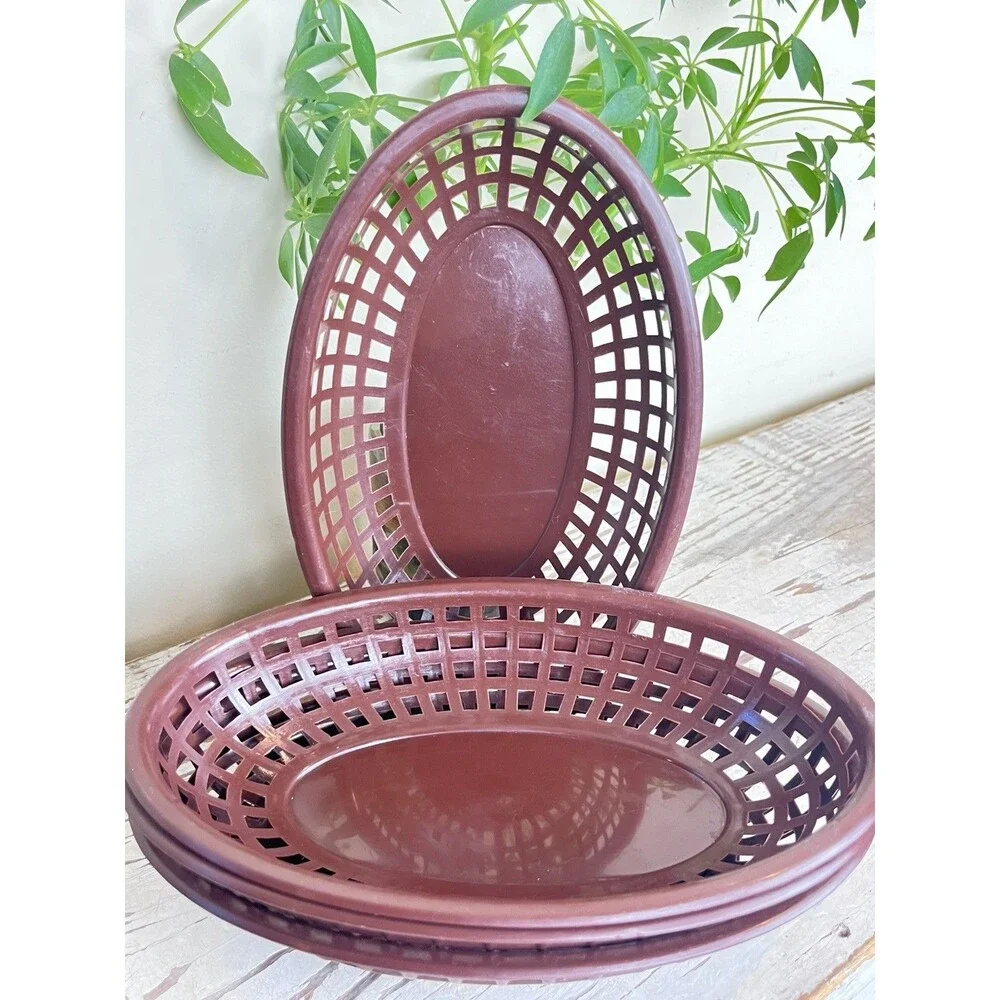 Vintage 1960s Brown Retro Plastic Oval Hamburger Frys Chip Serving Basket Taiwan